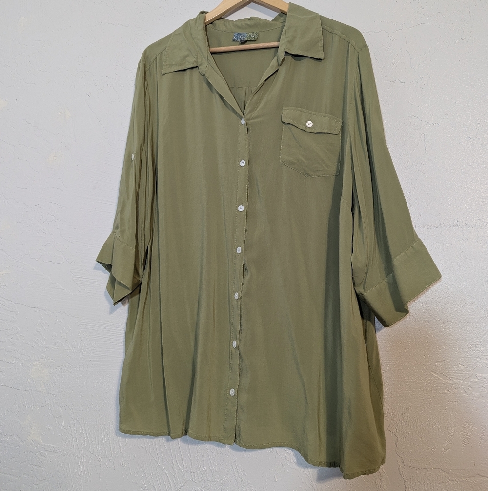 Womens Lightweight Flowy Comfy Casual Green Button Plus Size Boho Summer Blouse